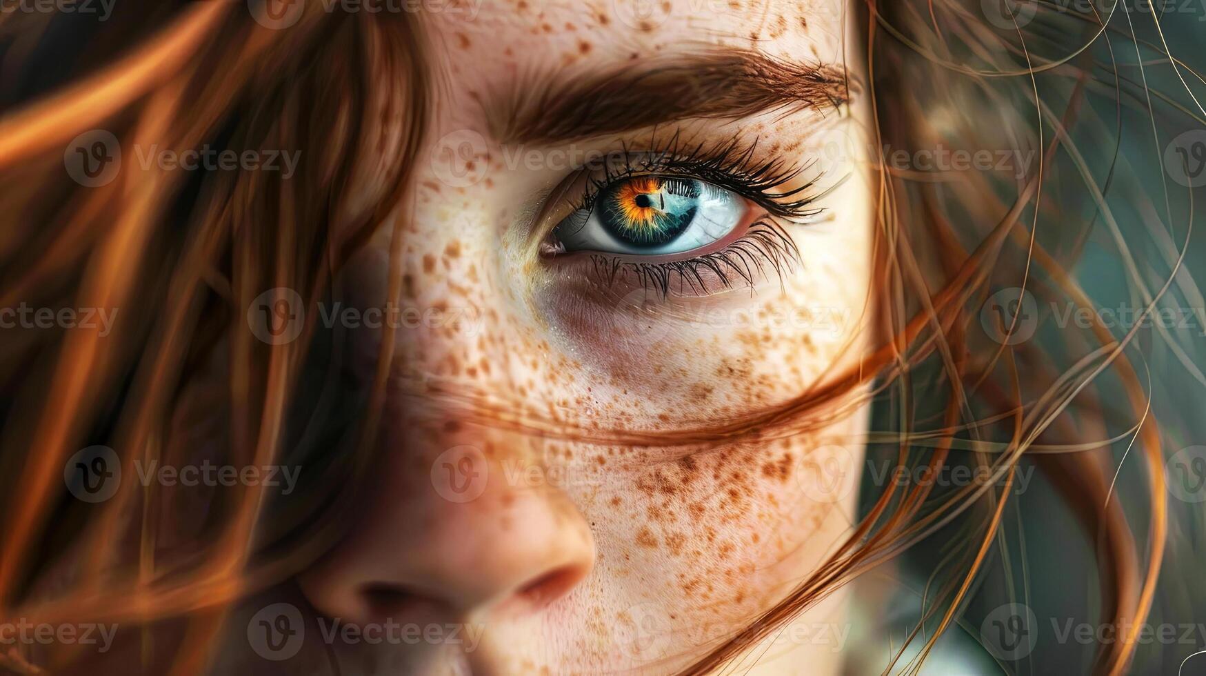 A mesmerizing close-up of a freckled face with a striking blue eye gazing intensely photo
