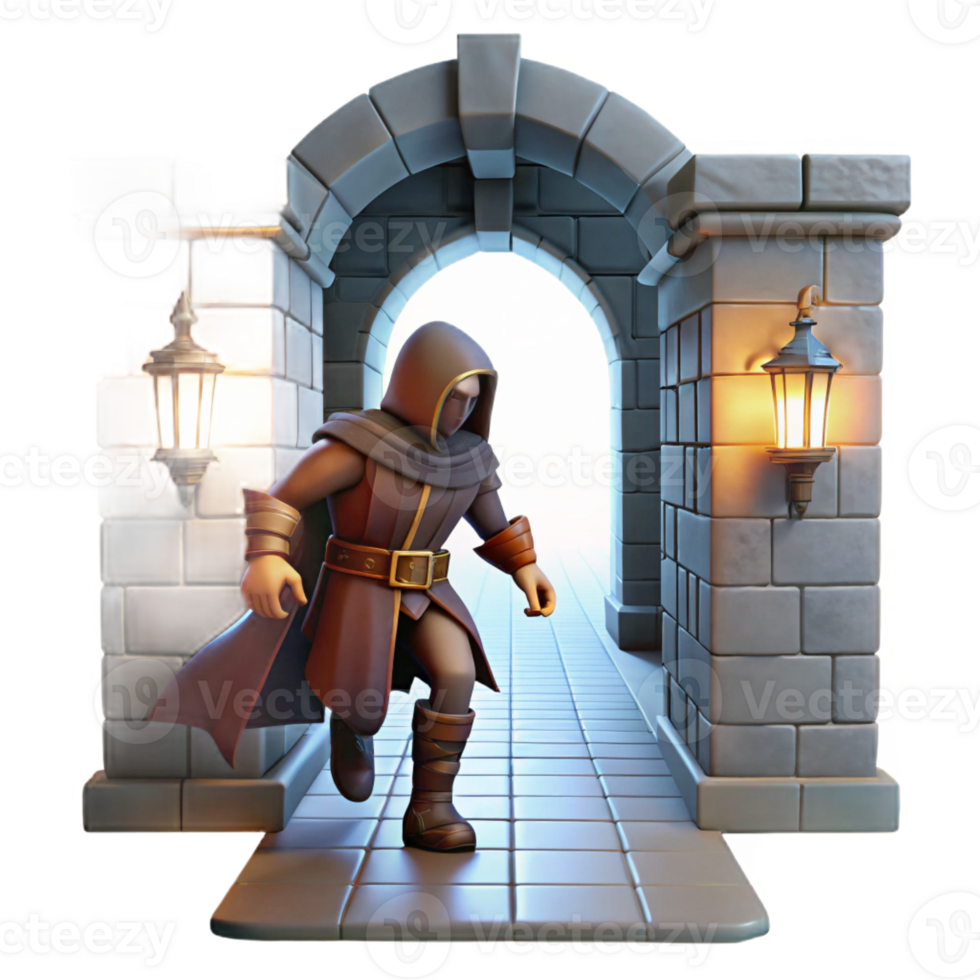 serene rustic A Cunning Rogue Sneaking Through a Dimly professional png