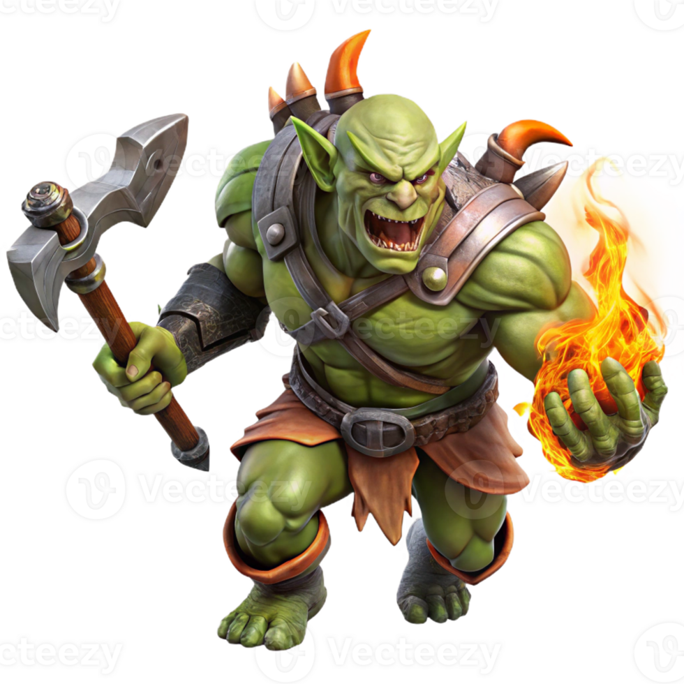 stunning vintage A Fierce Orc Warrior Wielding a Flaming A high resolution png