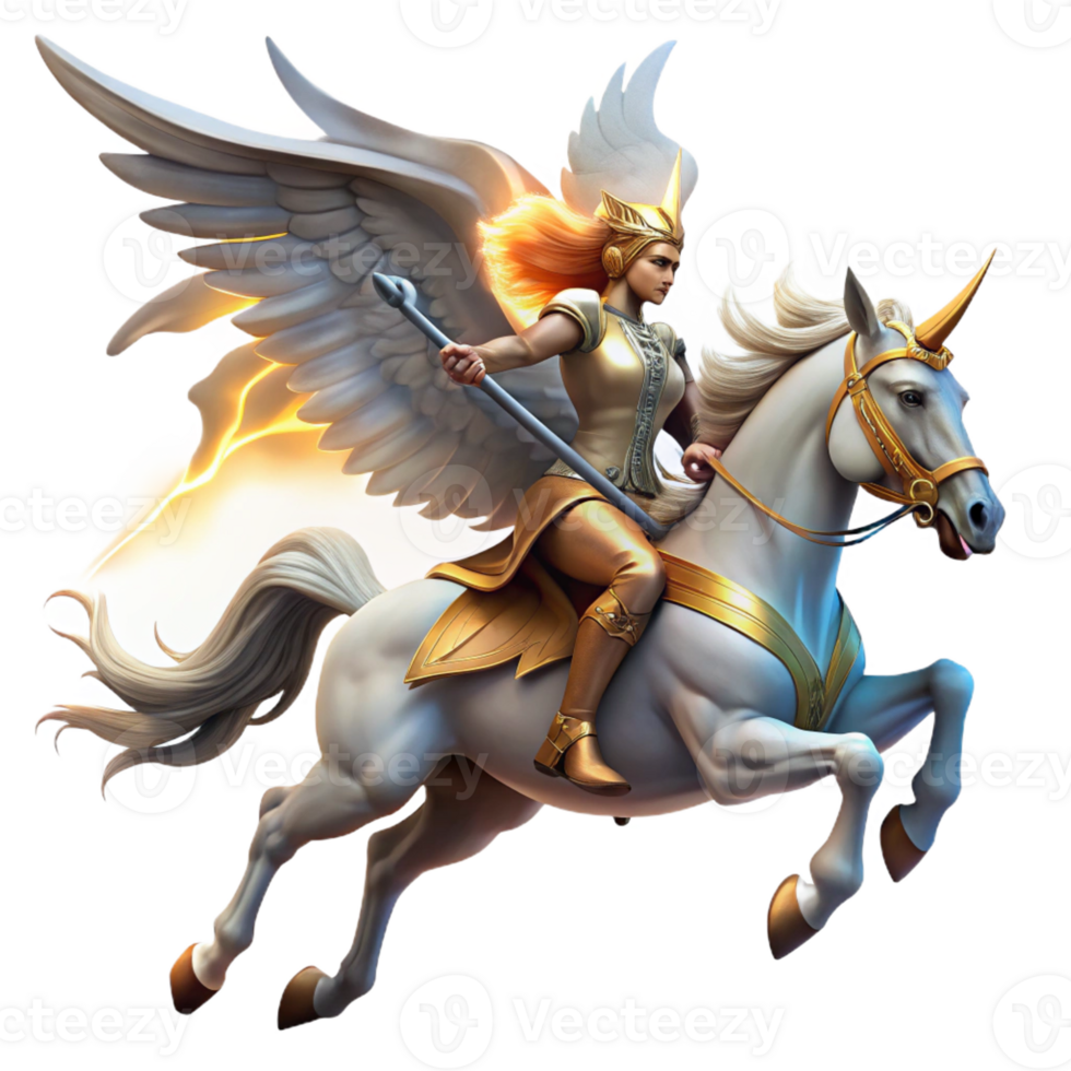serene rustic A Fierce Valkyrie Riding a Winged Horse T exclusive png