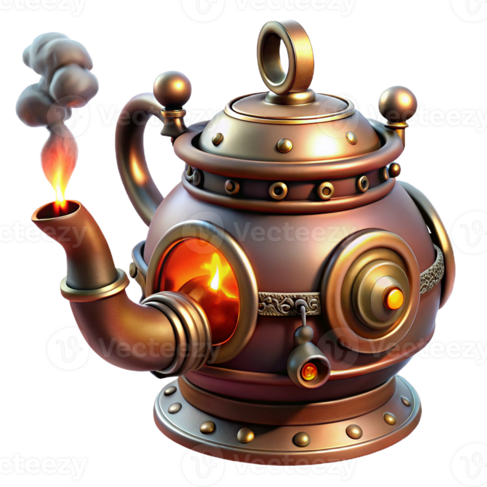 vibrant rustic A Steampunk Teapot with Intricate Spouts professional png