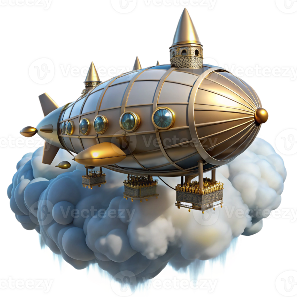 beautiful contemporary Steampunk Zeppelin over Cloudy City high quality png