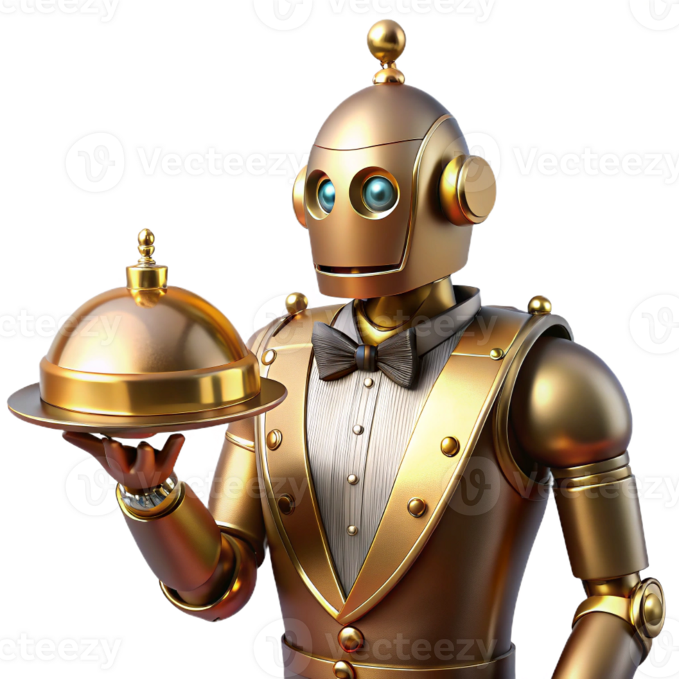 vibrant abstract Polished Brass Steampunk Robot Butler premium png