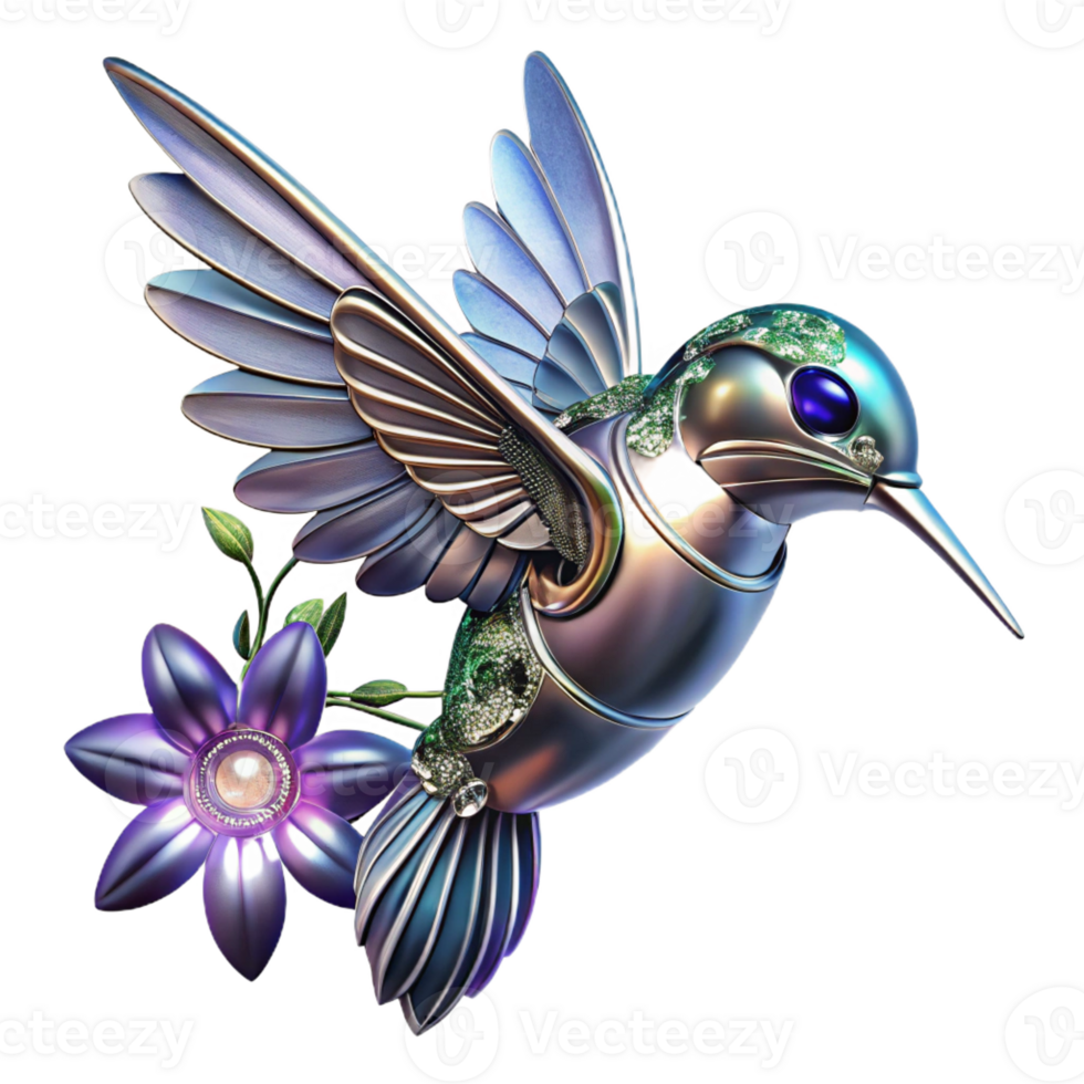 dramatic creative Chrome Robotic Hummingbird Hovering 4K png