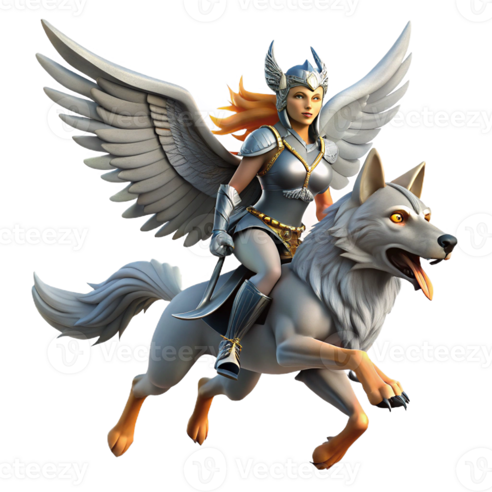 dramatic rustic A Fierce Valkyrie Riding a Winged Wolf D premium png