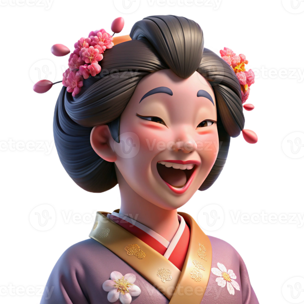 wonderful rustic Laughing Geisha Flowing Kimono Portrait original png