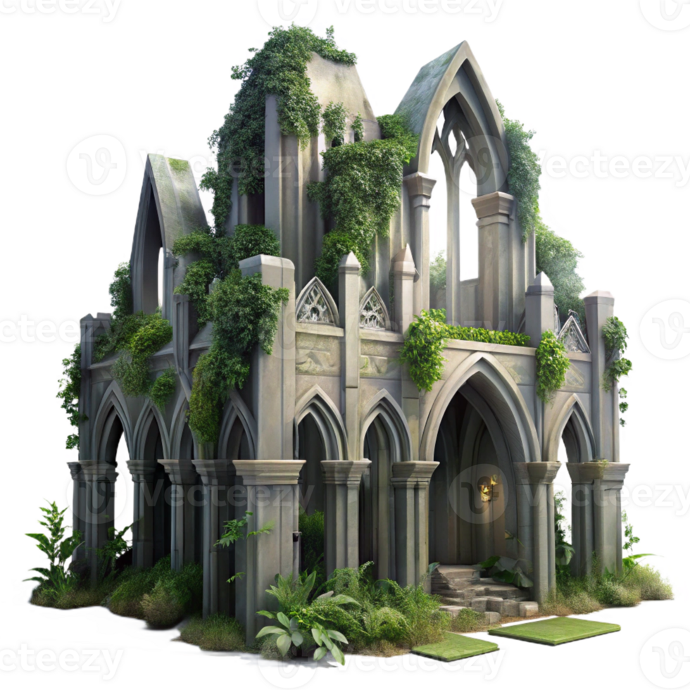 vibrant traditional A Crumbling Gothic Cathedral Overgrown Wi high quality png