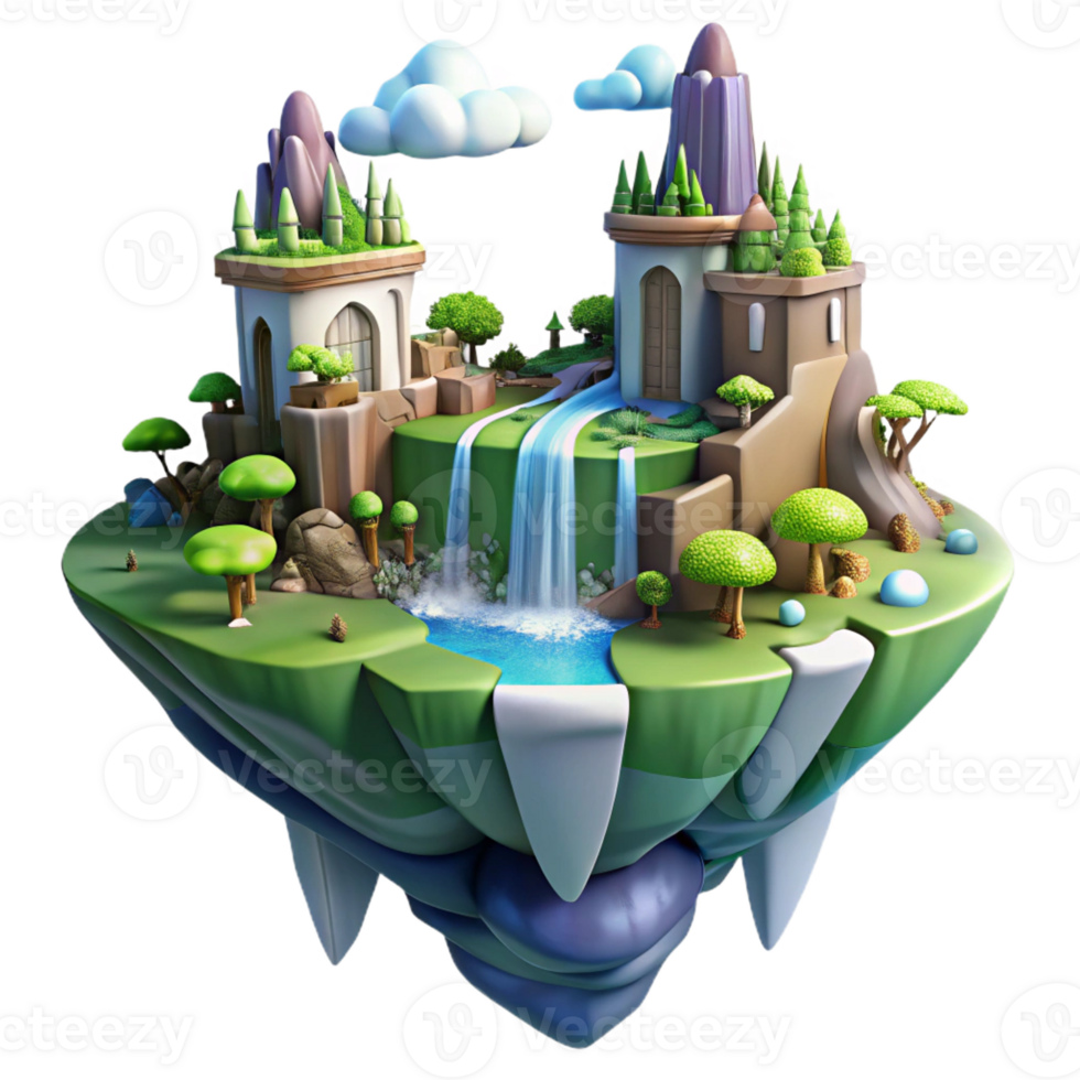 extraordinary modern Floating Island City Waterfalls Cascading professional png