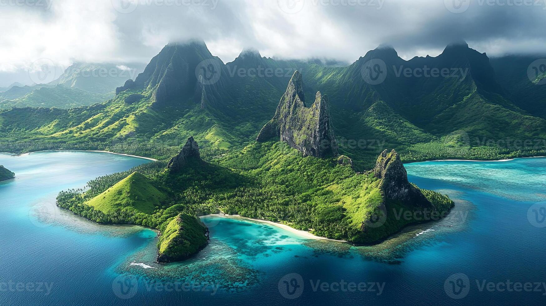 Explore the breathtaking beauty of a lush, green island surrounded by crystal-clear blue waters photo