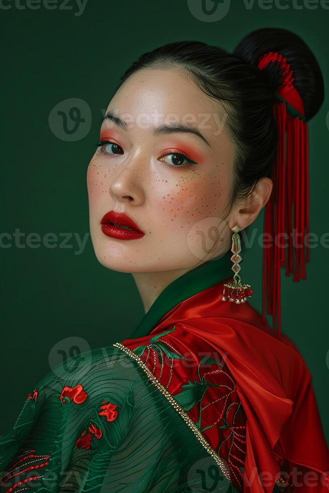 Striking portrait featuring bold red makeup and intricate attire, blending elegance and contemporary style photo