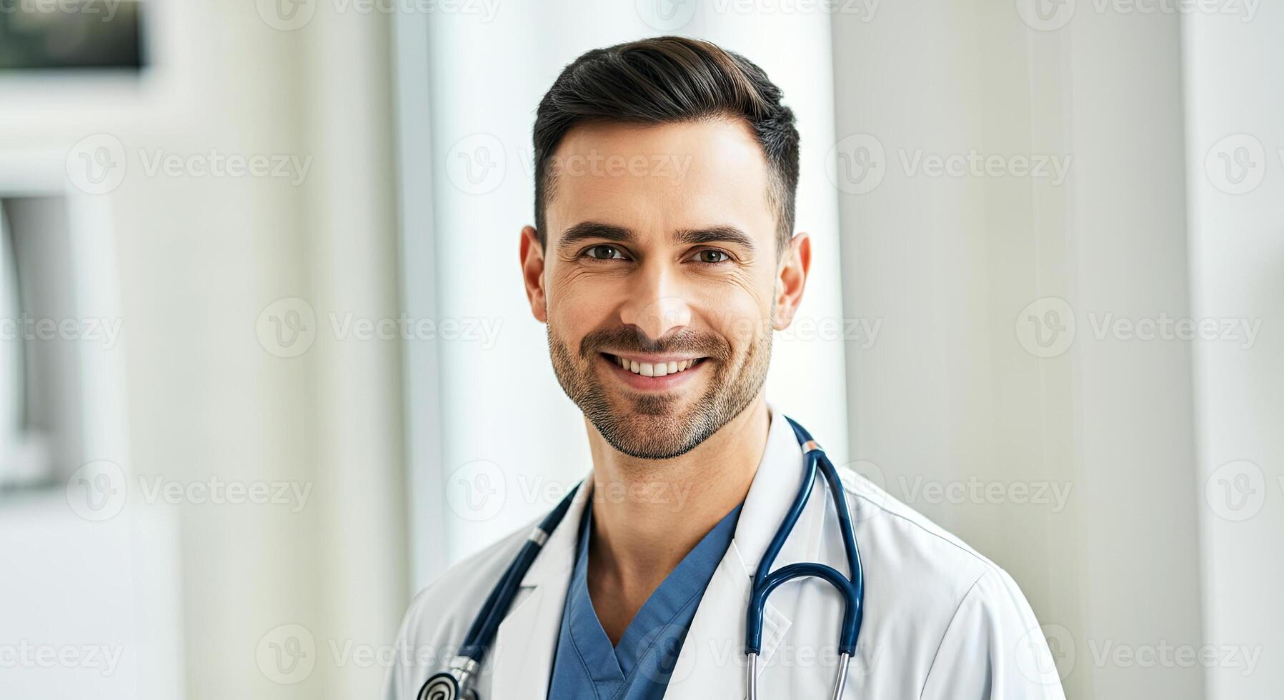 Confident young doctor with a friendly smile and a stethoscope, standing against a bright, modern backdrop photo