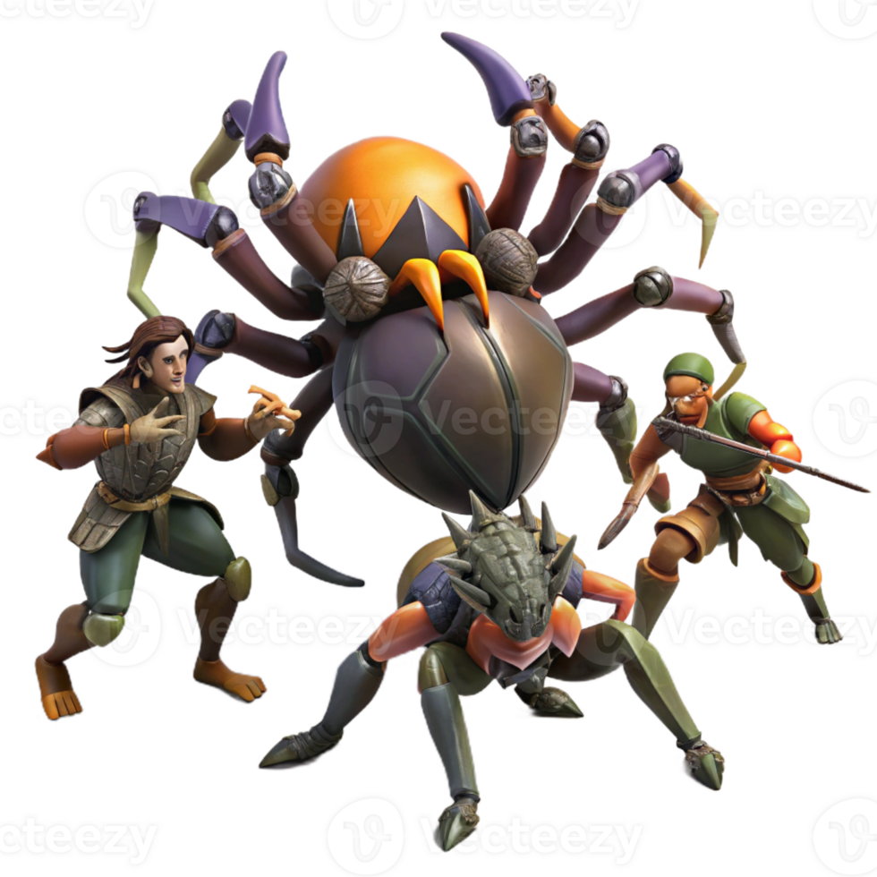 stunning modern Warriors Fighting a Giant Spider professional png
