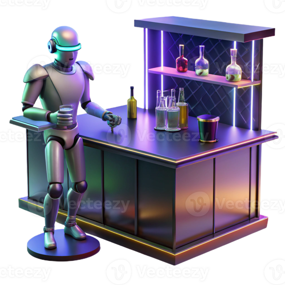 stunning vintage Robot Bartender Futuristic Bar Scene premium png