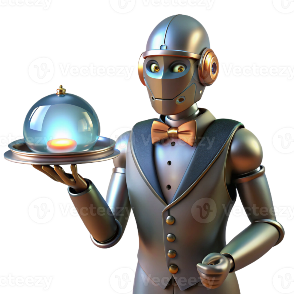 serene minimalist A Steampunk Robot Butler Holding a Silver 4K png