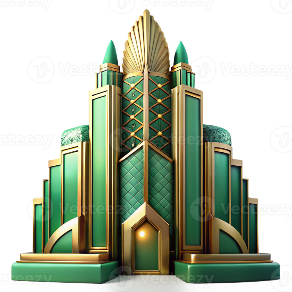 serene artistic Art Deco Skyscraper Emerald Green and Gol png