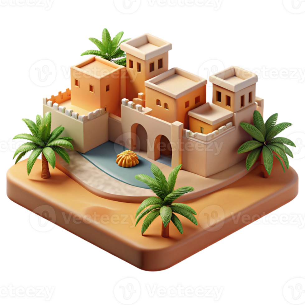 elegant vintage Adobe Oasis Town Desert Palm Grove premium png
