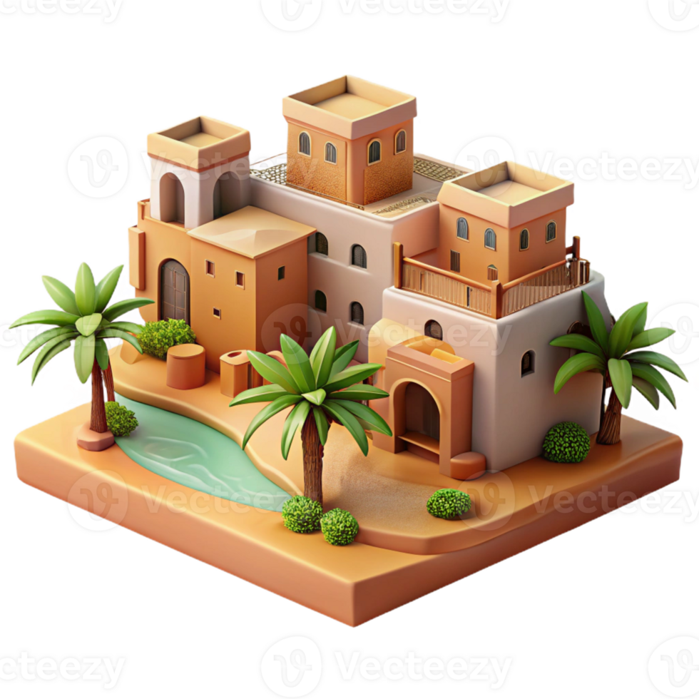 impressive classic Desert Oasis Town Adobe Buildings and Palm Trees premium png