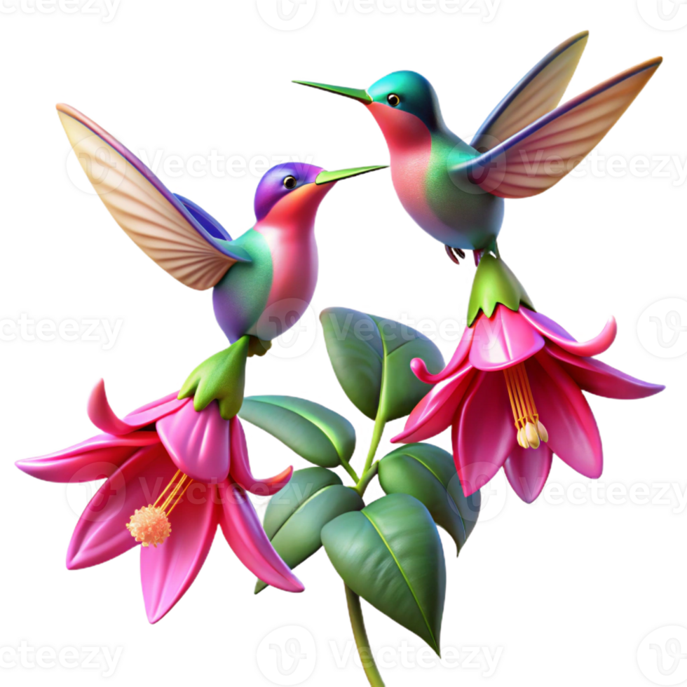 vibrant contemporary Three Hummingbirds Hovering Around a Vibra professional png