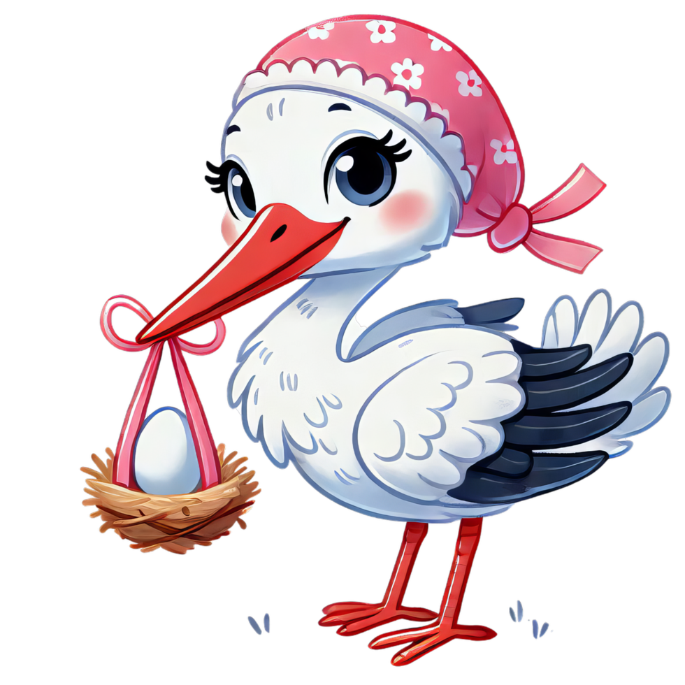 A cartoon stork with a pink hat and a baby bird png