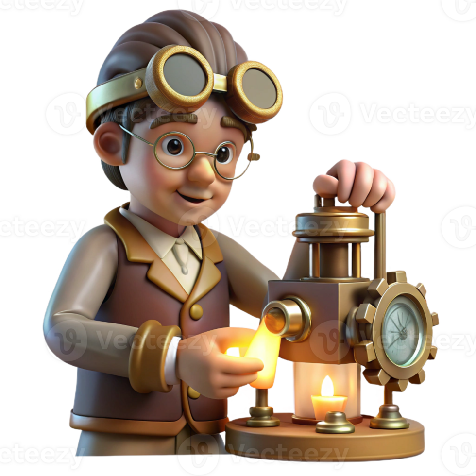 serene minimalist A Lone Steampunk Inventor Goggles Down professional png
