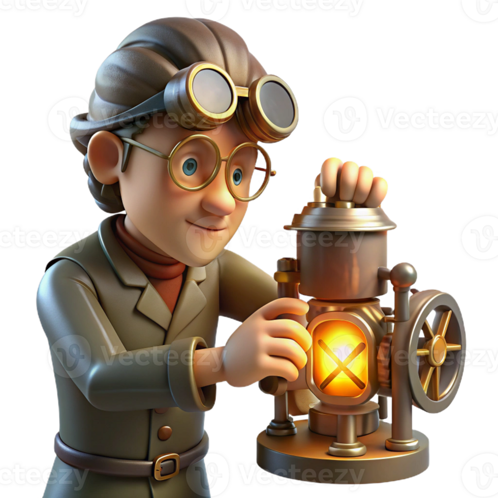 serene vintage A Lone Steampunk Inventor Goggles Down detailed png