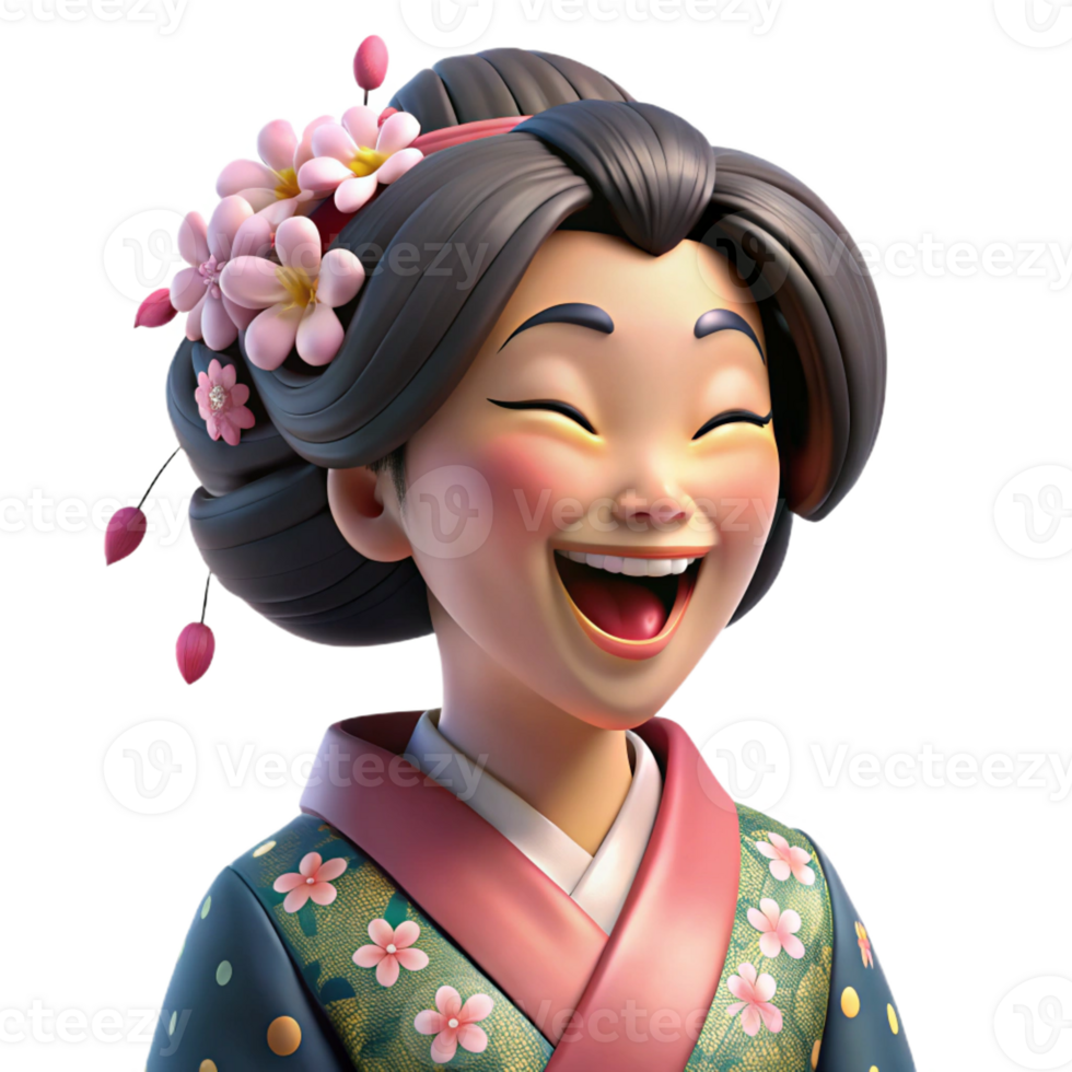beautiful classic Laughing Geisha Portrait Flowing Kimono high quality png
