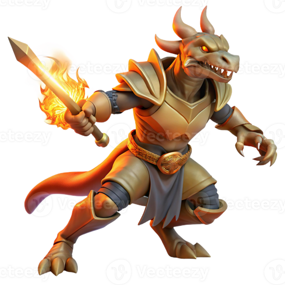 dramatic minimalist Dragonborn Warrior with Flaming Sword high resolution png
