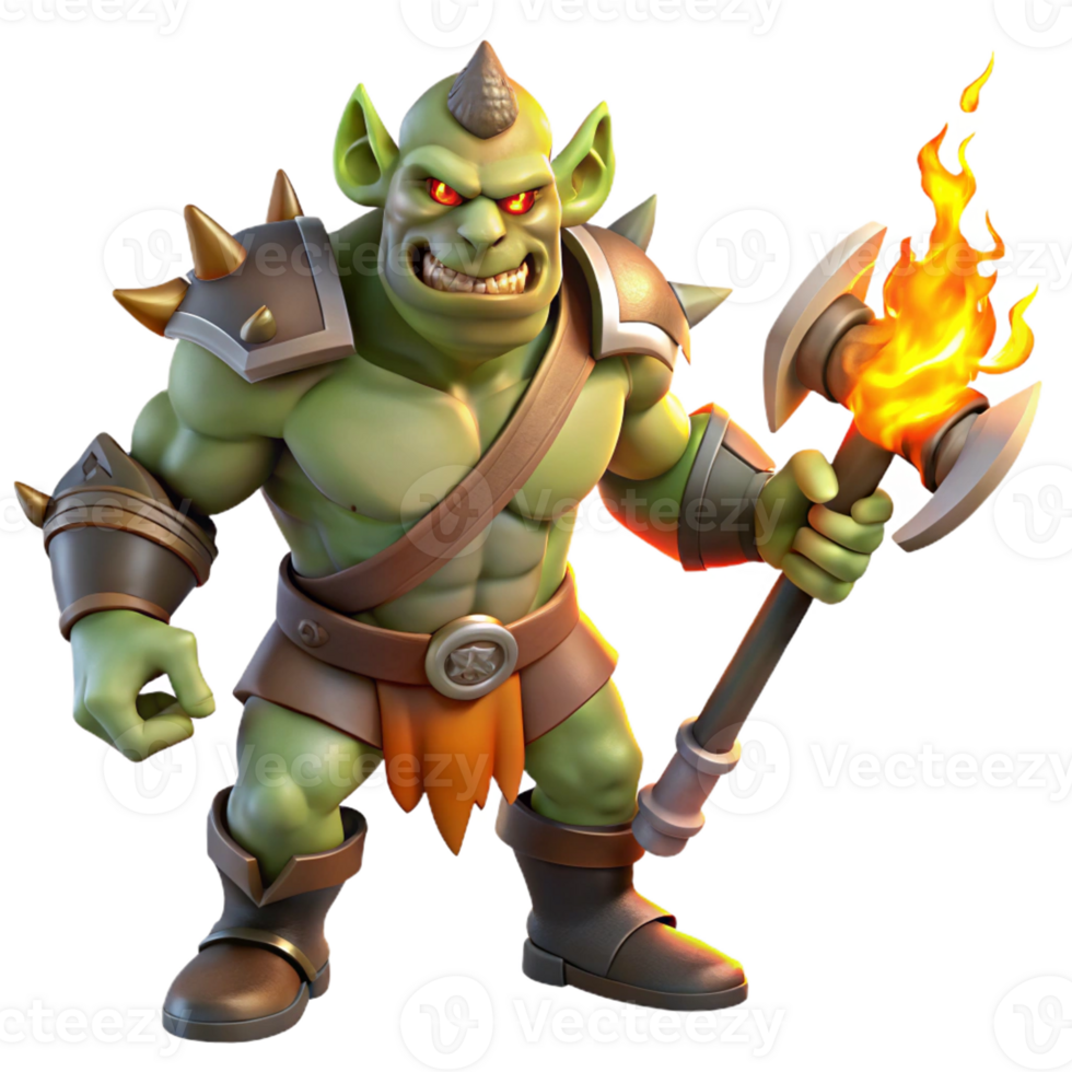 impressive rustic A Fierce Orc Warrior Wielding a Flaming B detailed png