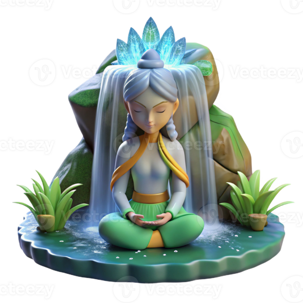 vibrant vintage A Serene Dryad Meditating Under a Waterfa authentic png