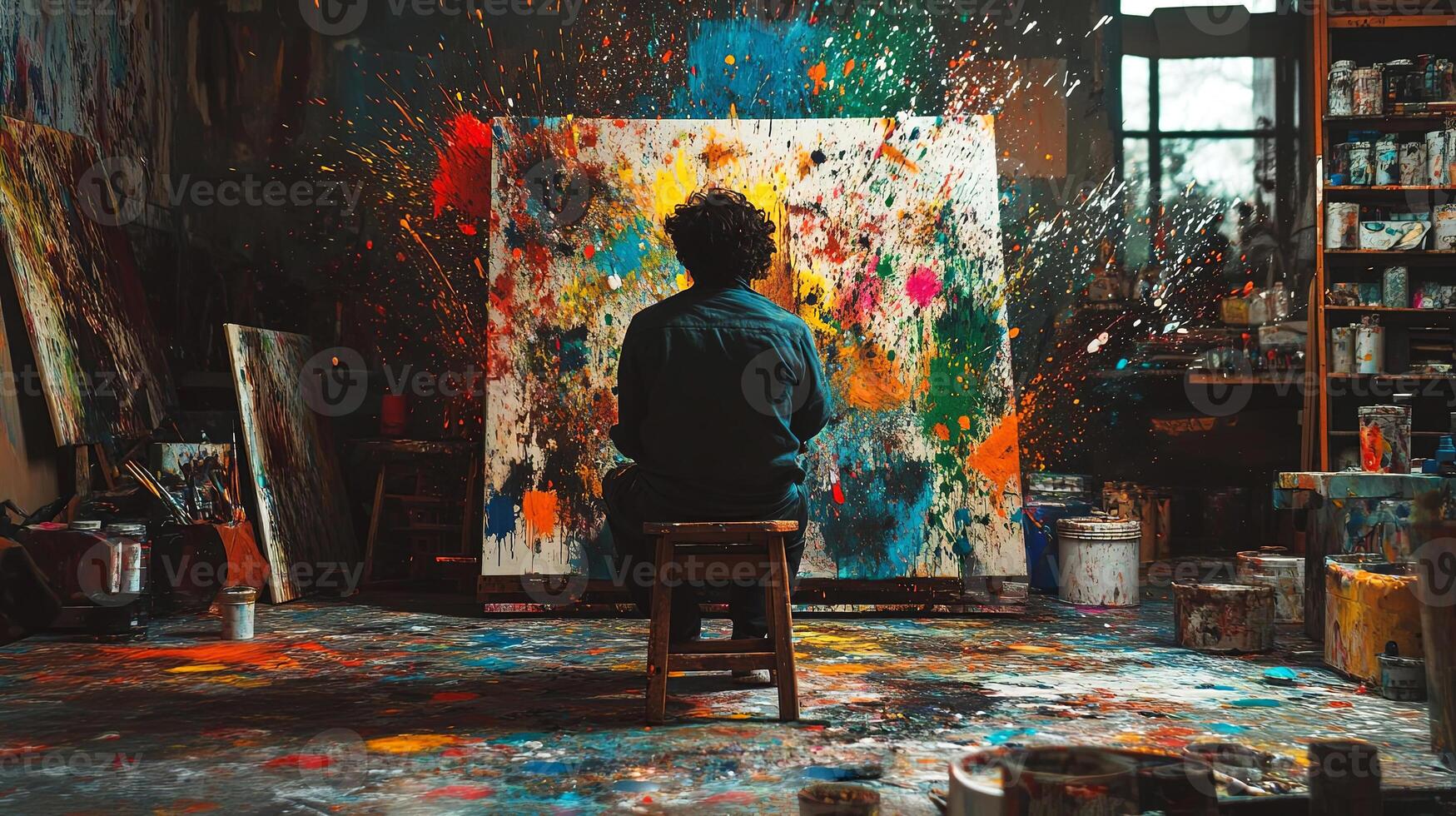A vibrant explosion of colors captures an artist immersed in their creative world photo