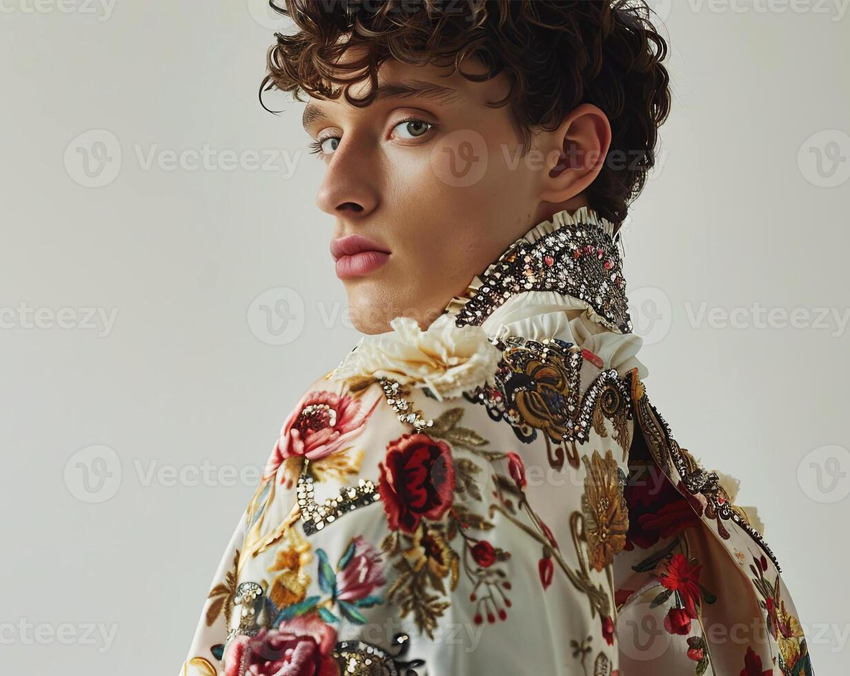 A stunning fusion of modern and vintage fashion, this male portrait showcases a youthful muse photo