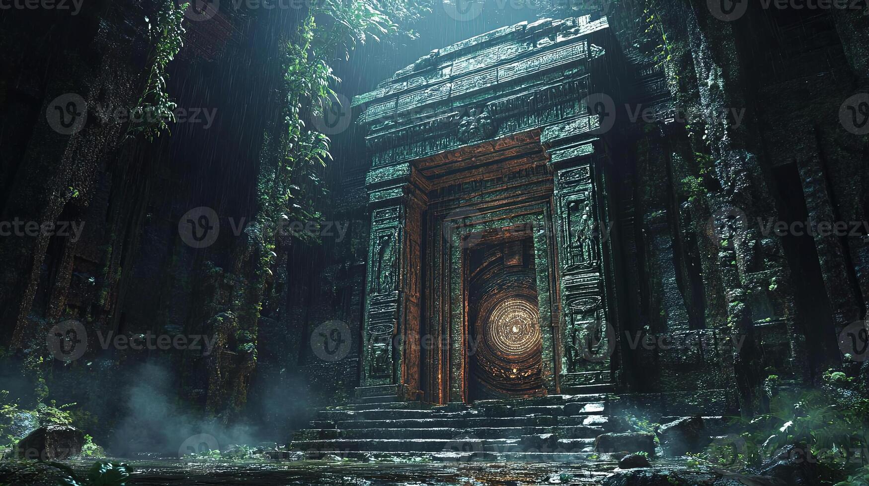 Mysterious ancient temple gate shrouded in mist and lush greenery photo
