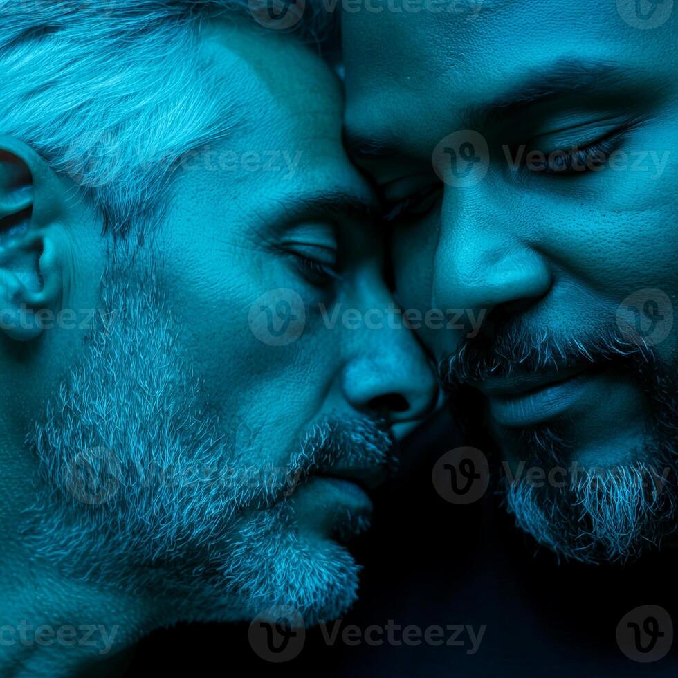 Two individuals share an intimate moment, illuminated with a calming blue aura photo