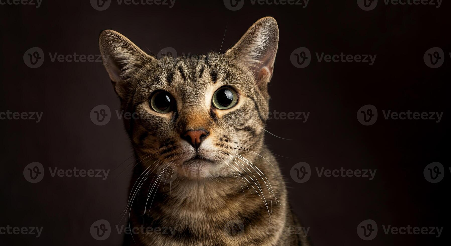 A captivating close-up of a tabby cat with intense, soulful eyes against a soft background photo