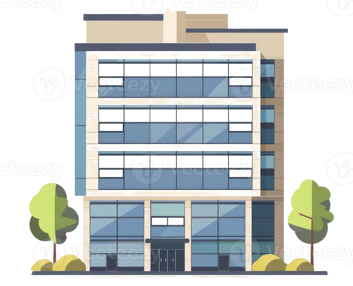 A tall modern office building with glass windows and trees png