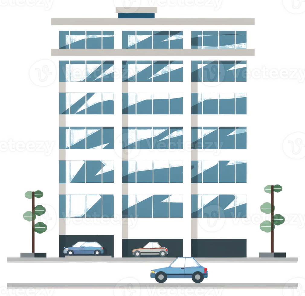 A modern multi story building with cars and trees present png