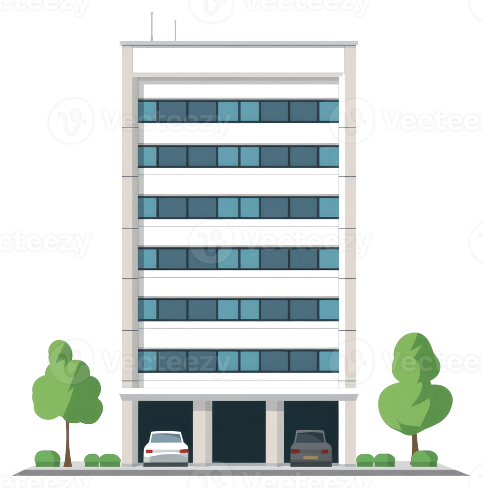 A white apartment building with cars and surrounding green trees png