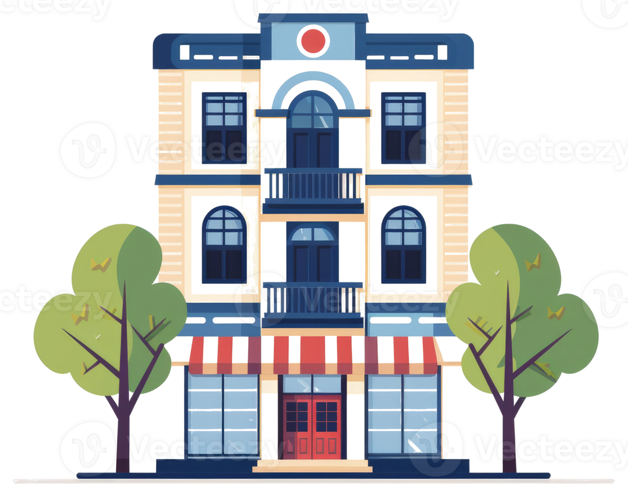 Stylized Illustration of a Three Story Building with Trees png