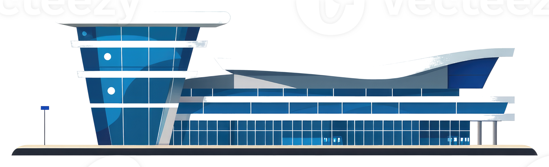 Modern architectural drawing depicting a large building with glass walls png