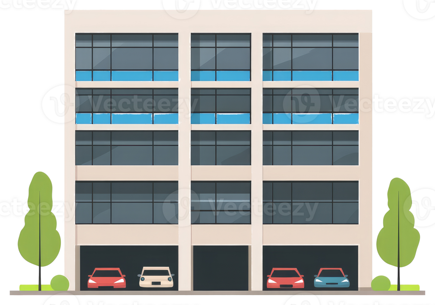 Modern apartment building featuring cars parked in the garage spaces png