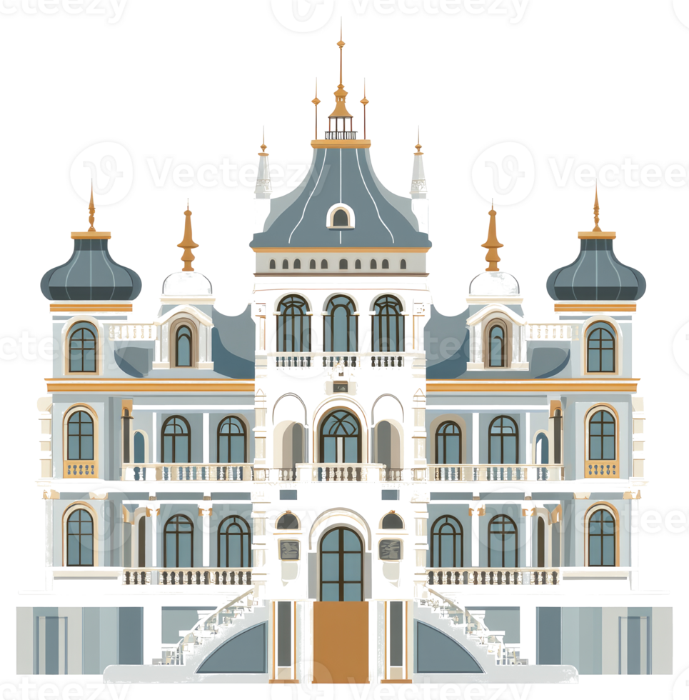 A detailed illustration of a large ornate building facade with towers png