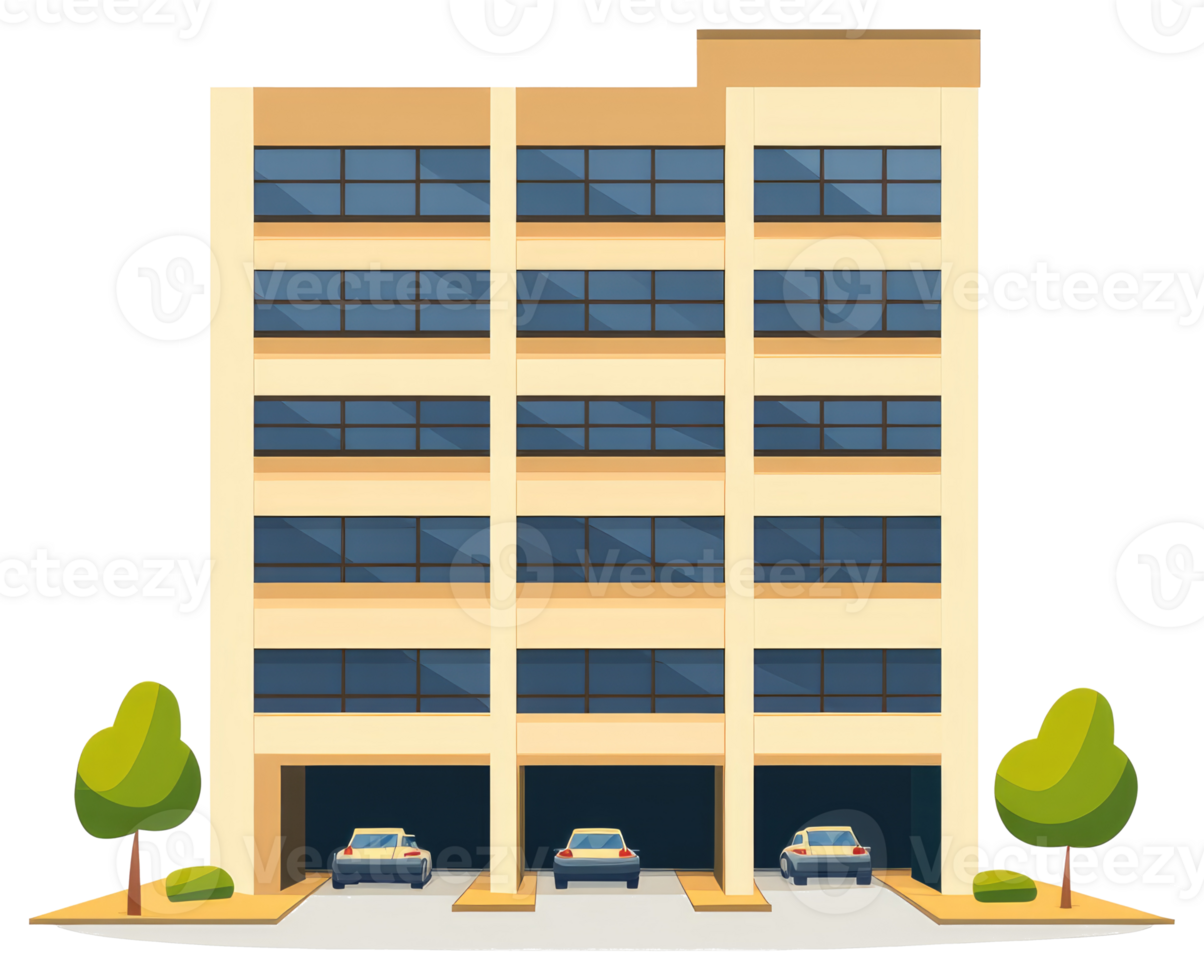 An apartment building with multiple levels and car parking garages png