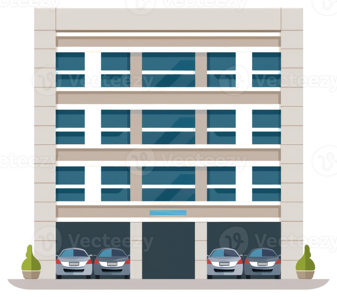 A modern style building includes parking and several automobiles png