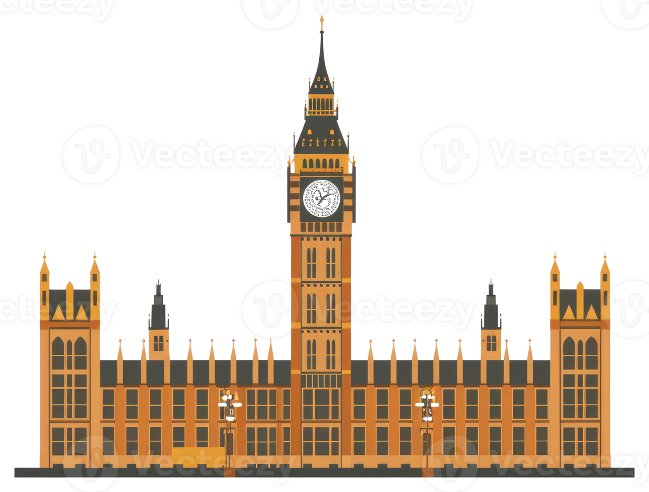 Detailed illustration of a clock tower and adjacent building structure png