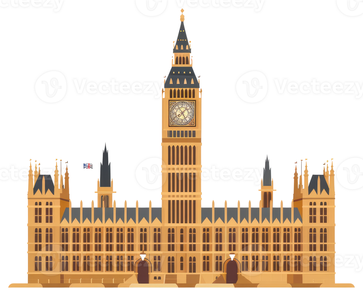 An illustration depicting a tall clock tower alongside a building png
