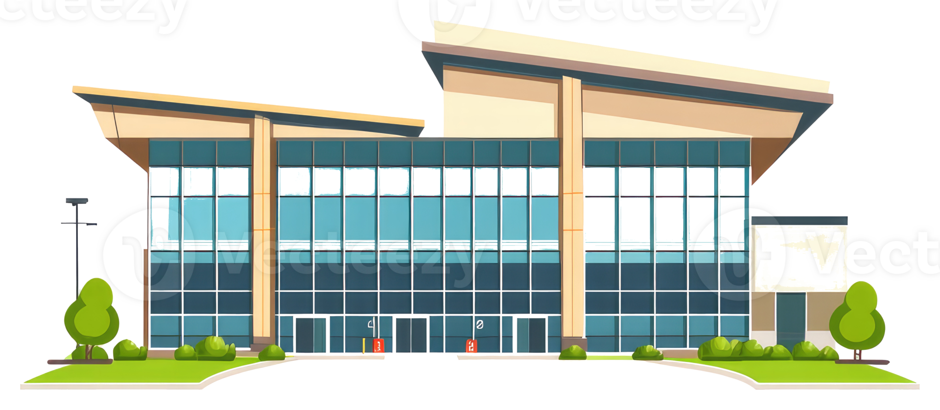Modern building with large windows and green landscaping outside it png