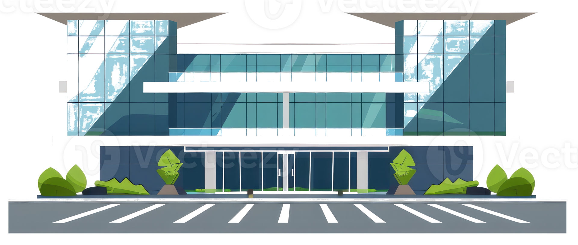 Modern office building with large windows and landscaping features outside png