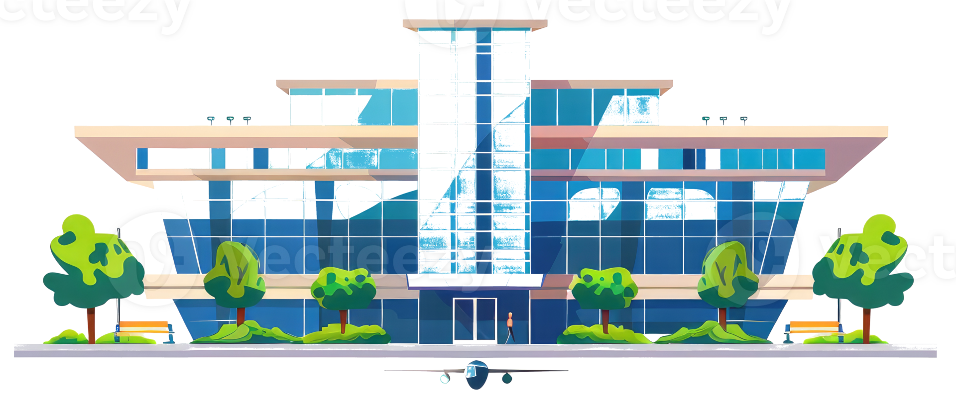 Modern building with a glass facade and landscaped greenery surrounding it png