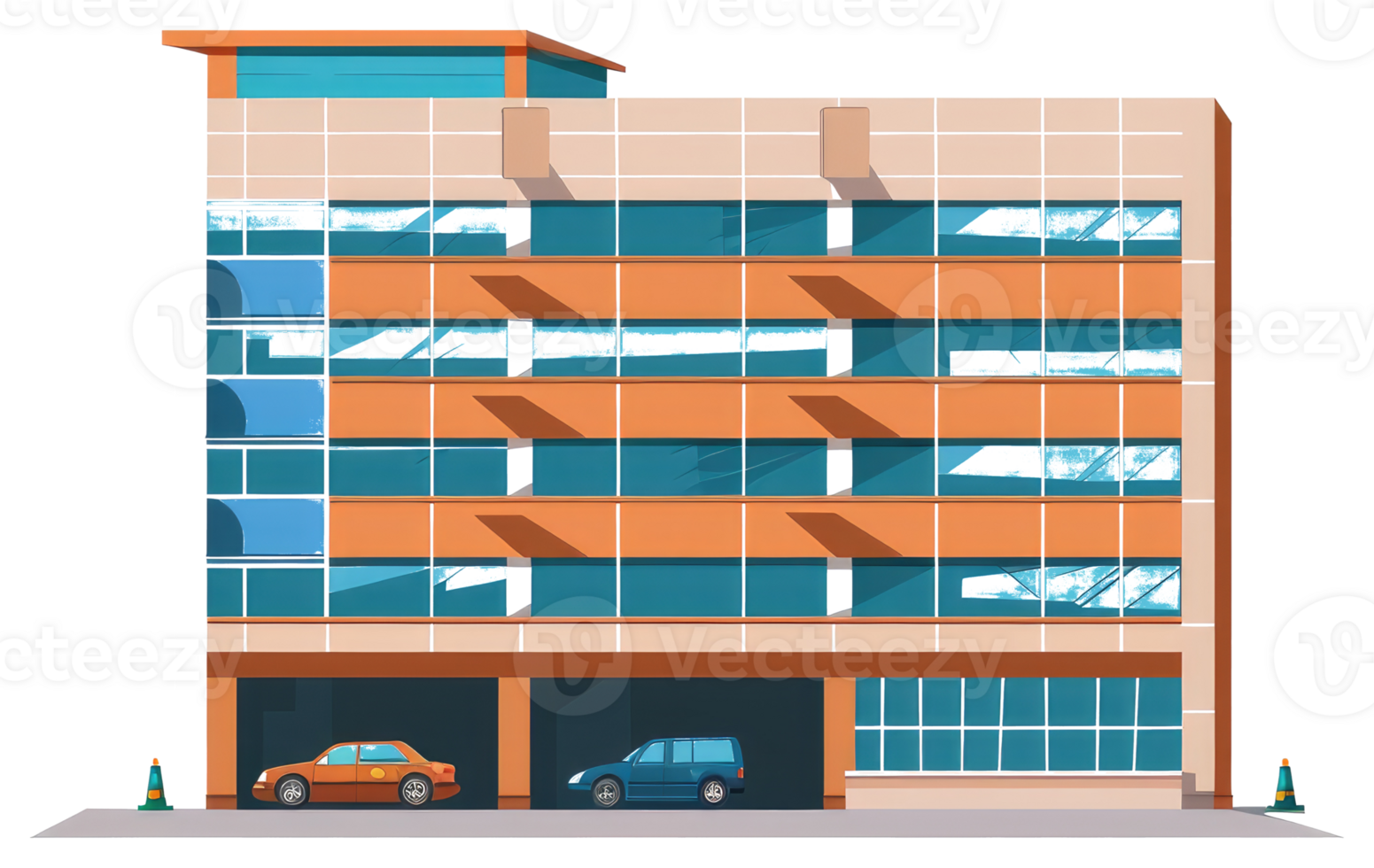 A modern building with several windows and vehicle parking bays png