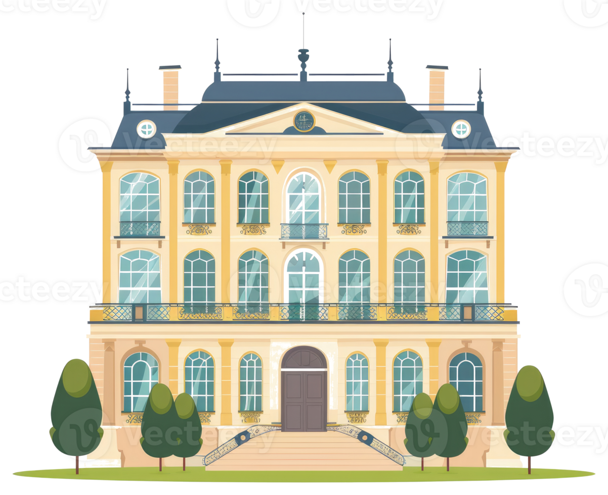 A grand classic building facade with multiple windows and a dark roof png